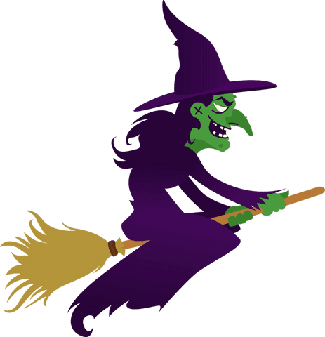 Cartoon Green Witch Flying with Broom on Transparent Background