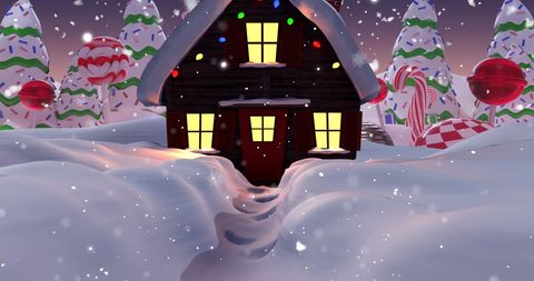 Whimsical Snowy Cabin with Festive Candy Forest - Download Free Stock Images Pikwizard.com
