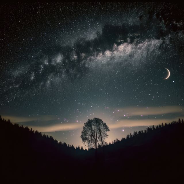 Featuring a breathtaking view of the Milky Way galaxy stretching across the night sky with a illuminating crescent moon, this serene forest landscape exudes tranquility and wonder. Ideal for use in nature-themed projects, space and galaxy artworks, or creating a calming visual for relaxation and meditation content.