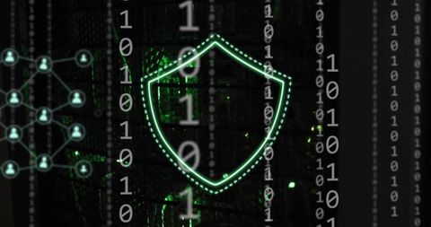 Pulsing neon shield hovering over server rack with binary code for cybersecurity concept