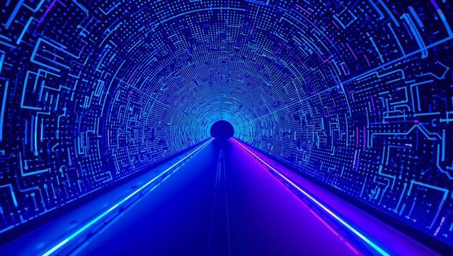 Illuminated digital tunnel with futuristic circuit pattern walls