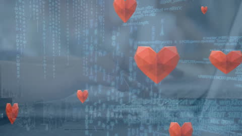 Digital Hearts Overlay on Data Processing Background