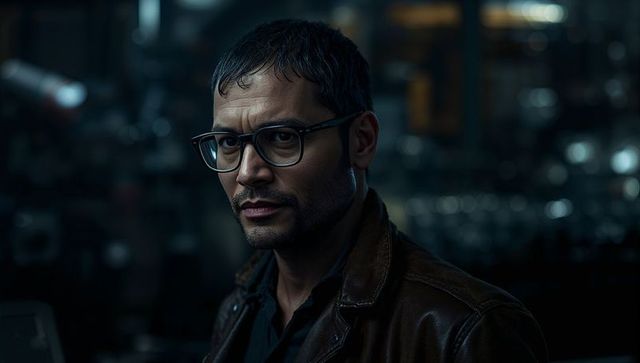 Inspecting controls - low-key industrial portrait man wearing glasses and leather jacket
