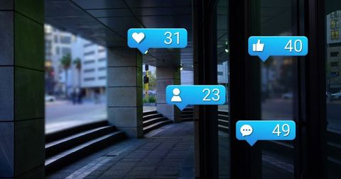 Displaying urban walkway with floating social media notifications and glass reflections