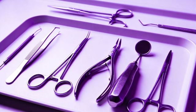 Close-up showing stainless steel dental instruments on sterile tray with purple lighting