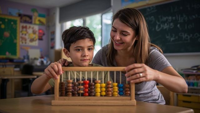 Teacher guiding boy using wooden abacus for hands-on counting and early math learning