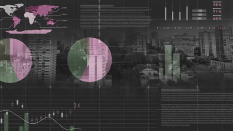 Financial Data Analysis Projected Over Urban Cityscape