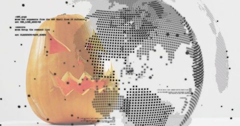 Blending carved jack-o-lantern with halftone globe and code-dot overlay for tech Halloween