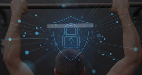 Pulling Up Athlete Gripping Bar With Cybersecurity Shield Overlay Symbolizing Data Power