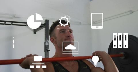 Male athlete bracing for clean and jerk with orange barbell and business icons overlay
