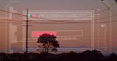 Silhouetted tree framing rooftops at suburban dusk with futuristic data hud overlay