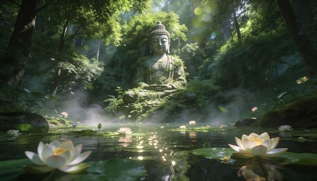 Moss-covered buddha meditating in misty forest pond with lotus reflections and sunbeams
