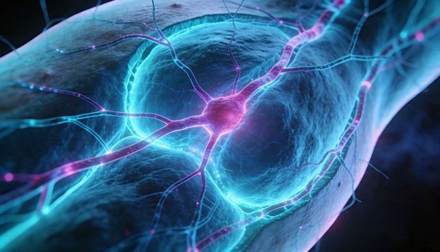 Neon synapse bridging neuron cell bodies glowing cyan magenta microscopic network
