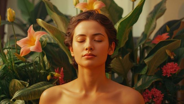 Serene Woman Meditating Among Lush Greenhouse Foliage