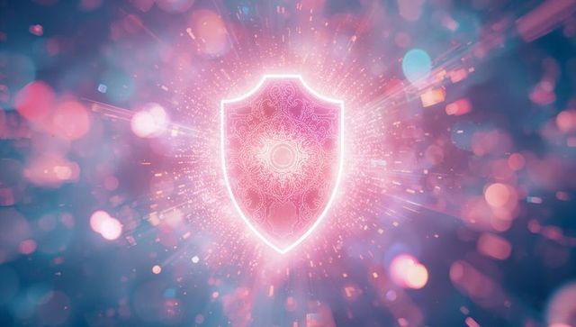 Digital shield glowing in virtual space for futuristic cybersecurity concept