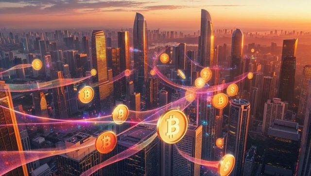Futuristic Bitcoin Cityscape at Sunset with Neon Trails