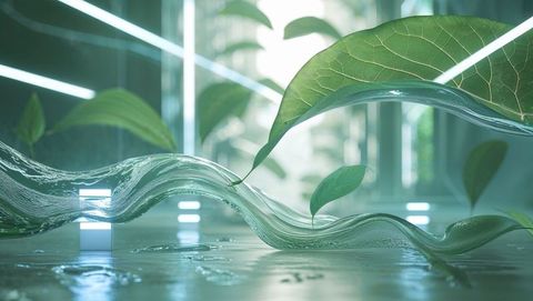 Futuristic Botanical Lab with Flowing Liquid and Greenery