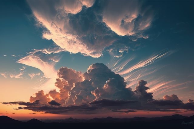 This stunning image captures dramatic cloud formations illuminated by a beautiful sunset, creating a breathtaking evening sky. Ideal for backgrounds in creative projects, atmospheric storytelling, or as inspirational wall art.