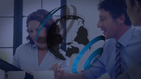 Global Business Meeting with Futuristic Data Graphics