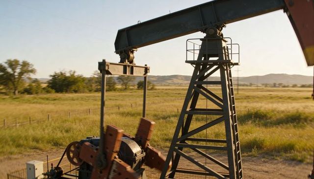 Rusty pumpjack pumping in golden grassland at sunset, rural oilfield energy infrastructure