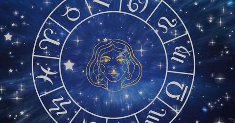 Virgo Symbol in Rotating Zodiac Wheel with Radiant Stars