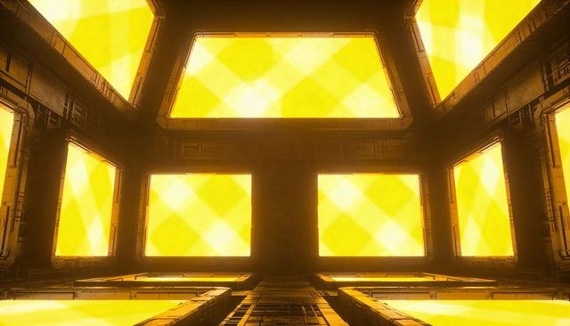 Futuristic chamber with glowing yellow panels, symmetric grids and steel catwalks