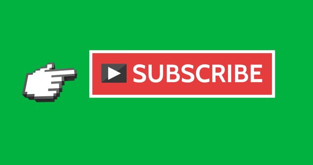 Red subscribe button with a hand cursor on a green background is effective in directing users to subscribe to YouTube channels or other online content. Common in user interfaces and website elements to encourage engagement.