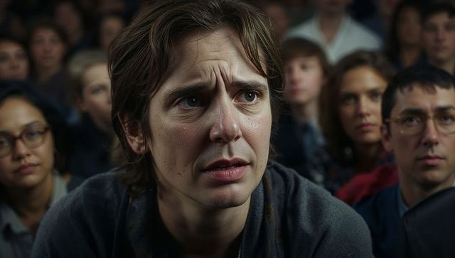 Tense young man looking anxious in theater closeup showing stage fright by spotlight
