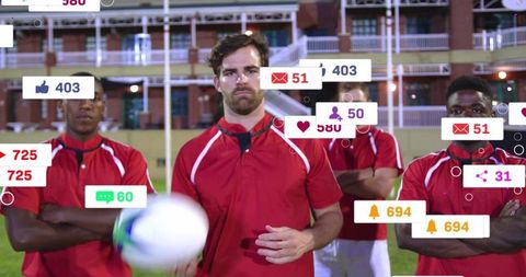 Holding ball and posing teammates on stadium pitch with social media engagement overlays
