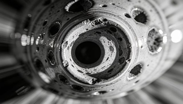 Macro monochrome porous cylinder showing wet highlights, circular rings and texture