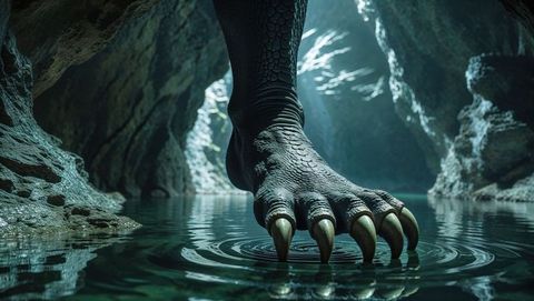 Massive demonic reptilian foot creating mystical ripples in hidden cavern