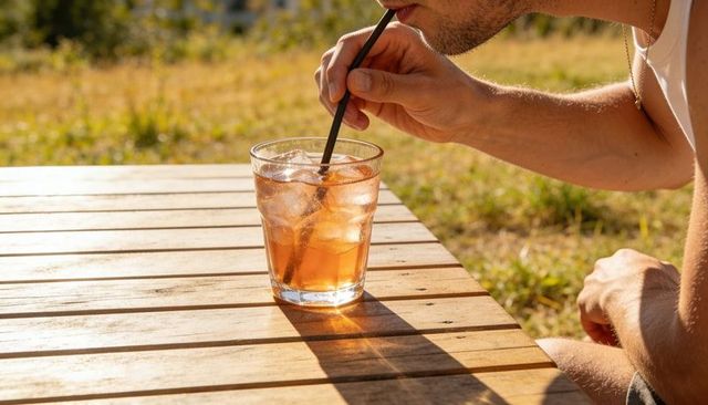 Leaning man sipping iced amber beverage through straw at sunlit wooden patio table closeup