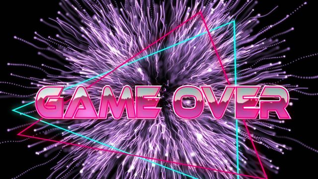 Bright neon 'Game Over' text with a dynamic and glowing background makes for an energetic and futuristic aesthetic. Useful for gaming-related websites, digital content creation, cyberpunk themes, and vibrant design projects needing a retro-future vibe.