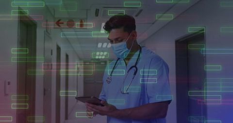 Doctor Analyzing Digital Health Records in Hospital Corridor