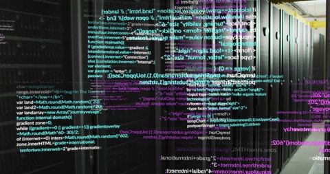 Neon code streaming over server racks in futuristic data center