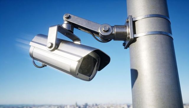 Outdoor security camera mounted on pole monitoring urban rooftop with metal bracket