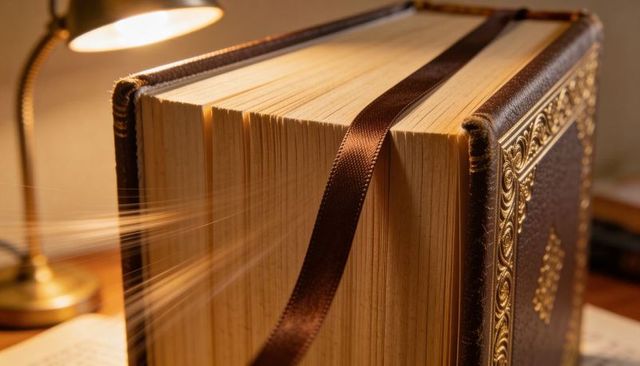 Brass lamp casting warm glow on ornate leather-bound book with satin ribbon bookmark, gilded edges
