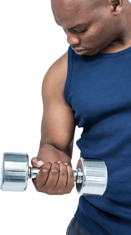 Muscular african american man lifting dumbbell, isolated transparent background