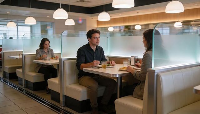 Professionals dining in modern diner booth discussing work over lunch with glass dividers
