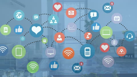 Digital Network Nodes Icon Overlay with Cityscape and Office Background