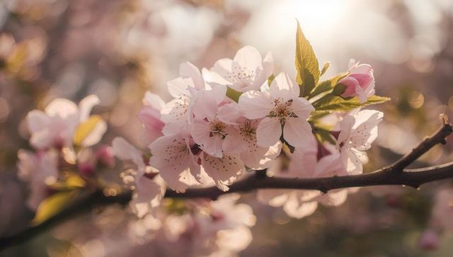 Blooming pale pink cherry blossom glowing in golden backlight