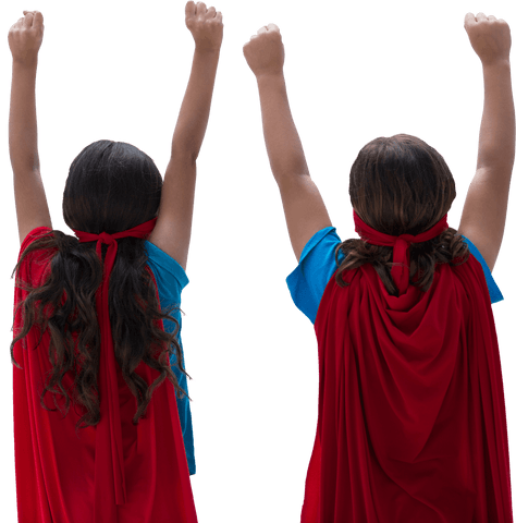 Young Siblings Wearing Red Capes Celebrating with Transparent Creativity