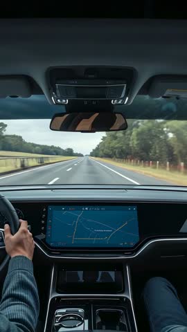 Vertical in-car video showing driver checking nav map on touchscreen while steering highway