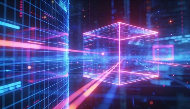 Hovering neon wireframe cube over curved cylindrical grid in cyberspace with laser beams