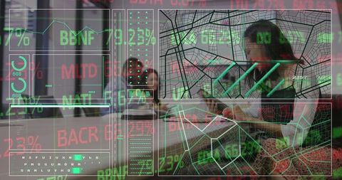 Futuristic Workspace with Data Interface and Focused Woman