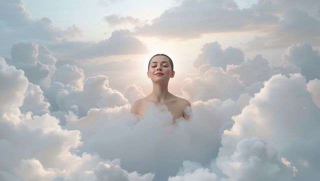 Woman floating in sunlit clouds with serene expression, glowing halo, ethereal dreamscape