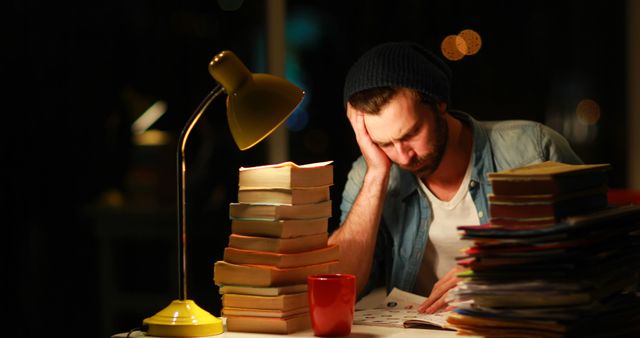 Stressed Undergraduate Student Studying Late Night with Stack of Books - Download Free Stock Images Pikwizard.com