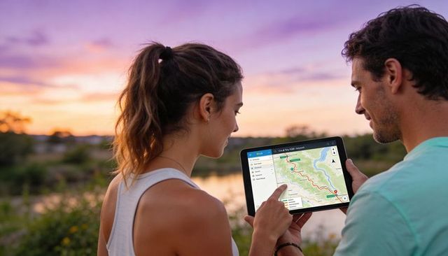 Couple navigating hiking route on tablet at riverside sunset, outdoor trail planning