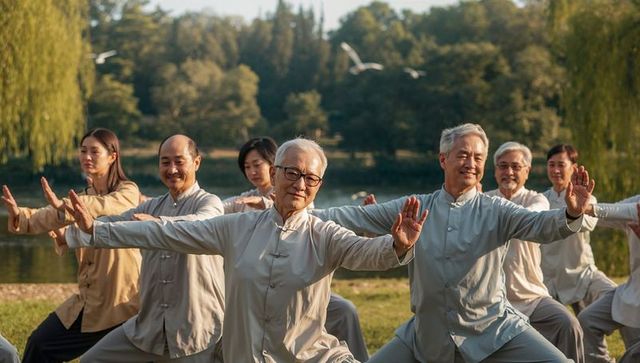 Senior group practicing tai chi by calm lake at sunrise wearing loose traditional tunics