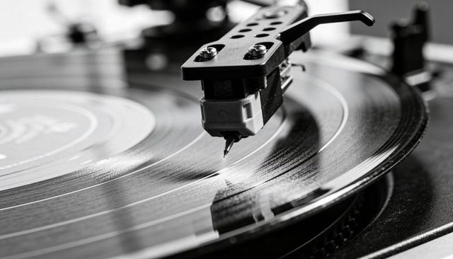 Turntable Stylus Tracking Vinyl Grooves Close-Up Monochrome Analog Record Player Detail